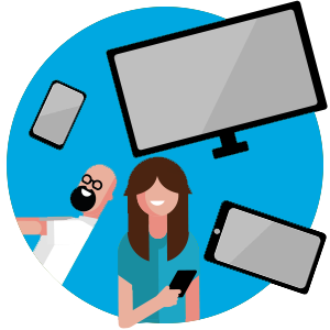 imagem cartton de dois usuarios e 3 telas diferentes